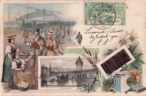 Litho Lucerne Luzern Stadt Schweiz, Blumenfrauen, Stadtansicht, Schokolade Suchard -801248