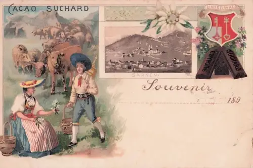 Litho Sarnen Kt. Obwalden Schweiz, Wappen Unterwald, Cacao Suchard Reklame, Senn -801262