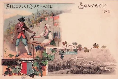 Litho Bellinzona Kt. Tessin Schweiz, Panorama, Reklame Chocolat Suchard, Weinernte -801268