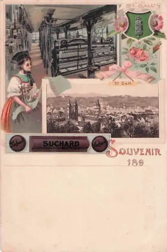 Künstler-Ansichtskarte St. Gallen, Teilansicht der Stadt, Weberei, Reklame für Cacao Suchard -801238