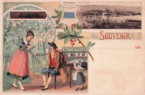 Litho Zug Stadt Schweiz, Gesamtansicht, Volkstrachten, Lait Condense, Chocolat Suchard -801258