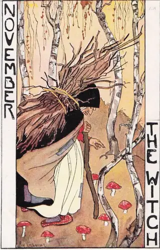 Künstler Ak Cramer, Rie, November, Allegorie, Fliegenpilze, alte Frau -801278