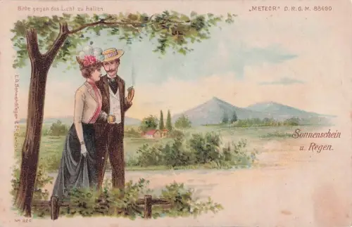 Lithographie Paar spaziert im Sonnenschein, Im Gegenlicht bei starkem Regen, Halt gegen das Licht -801318