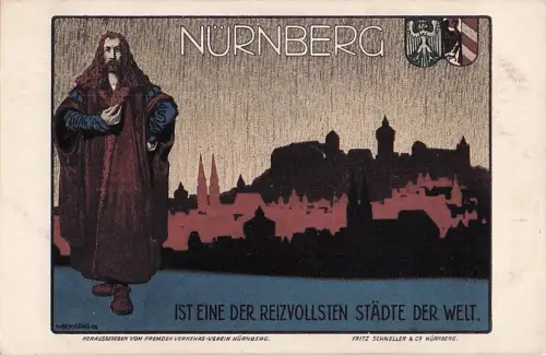 Künstler-AK Nürnberg, Stadtbild mit Albrecht-Dürer und Wappen -801312