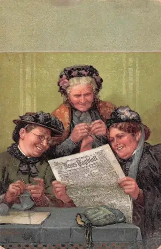 Ansichtskarte Alte Frauen lesen beim Stricken gerne Zeitung -801338