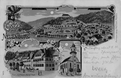 Mondschein-Lithographie Neuenbürg / Württb., Post Gasthaus zum Bären, Kirche, Panorama -801316