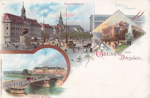 Lithographie Dresden, Hauptstrasse, Albert-Theater, Carola-Brücke -801310