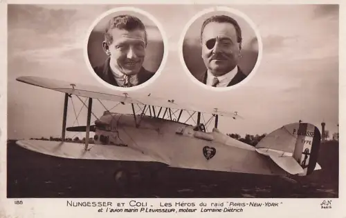 Ak Flugpioniere Nungesser u. Coli, avion marin P. Levasseur, Heros du raid Paris New York -801692