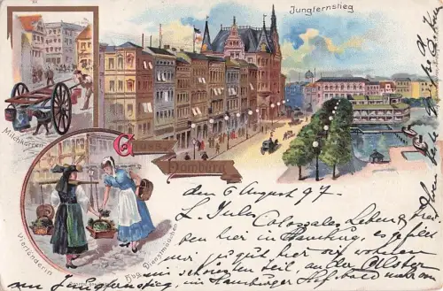 LITHO GRUSS AUS HAMBURG JUNGFERNSTIEG + MILCHKARREN 3 BILD COL -801916
