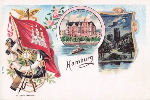 Lithographie Hamburg, Hotel Hamburger Hof, Partie im Zoologischen Garten -801946