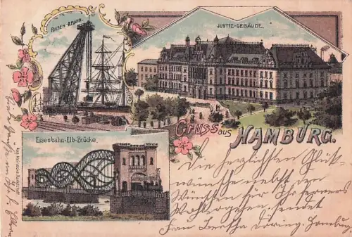 Lithographie Hamburg, Justizgebäude, Eisenbahn-Elb-Brücke, Riesen-Krahn -801986