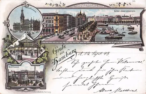 Lithographie Hamburg, Haupt-Postgebäude, Alster-Bassin, Börse -801922