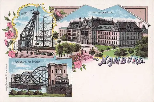 Litho Hamburg Altstadt Mitte, Riesenkrahn, Justizgebäude, Eisenbahn -802006