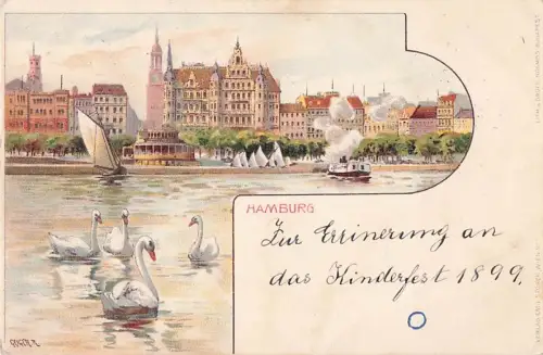 Lithographie Hamburg-Neustadt, Blick von der Binnenalster zum Restaurant Alsterlust -801942