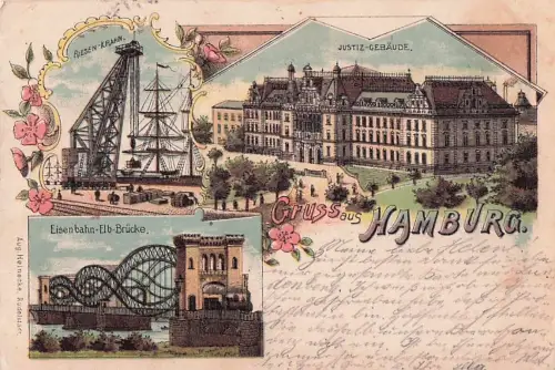 Lithographie Hamburg, Justizgebäude, Eisenbahn-Elb-Brücke, Riesen-Krahn -801982