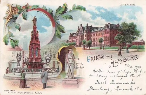 Lithographie Hamburg, Kaiser-Karl-Brunnen, Justizgebäude, Justizia -802002