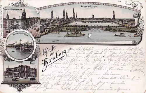 Lithographie Hamburg, Alster-Bassin, Haupt-Postgebäude, Börse -801978