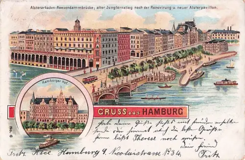Litho AK Hamburg Mehrbild-Litho Alster Ansicht & Hotel Hamburger Hof 1901 -802008