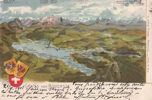 Lithographie Konstanz a. Bodensee, Landkarte Bodensee mit Umgebung und Wappen -801964