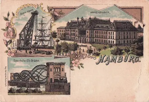 Lithographie Hamburg, Justizgebäude, Eisenbahn-Elb-Brücke, Riesen-Krahn -801984