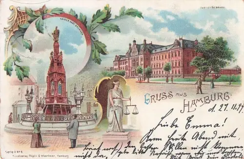 Lithographie Hamburg, Kaiser-Karl-Brunnen, Justizgebäude, Justizia -802004