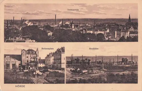 AK Hörde, Totalansicht, Rathausplatz, Hochöfen -802192