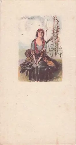 Künstler Ak Mauzan, Frau mit Gitarre und Kopftuch, Zigeunerin -803416