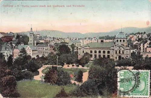 Gablonz a. M. Partie innere Stadt mit Stadtpark und Turnhalle. -802350