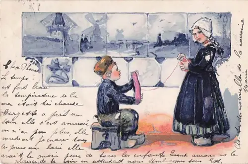 Präge-AK Junge mit Mädchen in niederländischer Tracht beim Wolle aufwickeln -802586