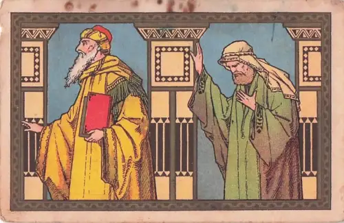 Antike niederländisch-katholische Bibellithografie „Der Pharisäer und der Zöllner“ -802602