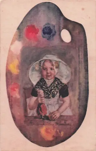Künstlerische Darstellung eines holländischen Mädchens, um 1910. Ungestempelte Postkarte mit Farbpalette. -802548
