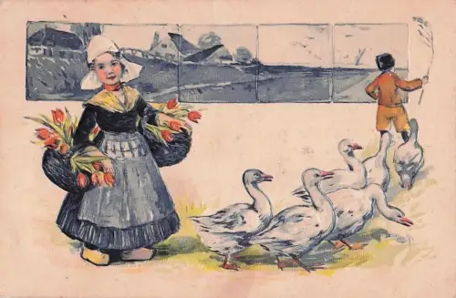 AK Mädchen in niederländischer Tracht mit Körben voller Tulpen -802702