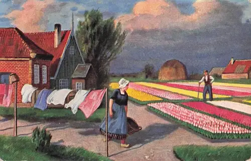 Alte AK Gemäldekarte Wäscheleine Tulpen Holland -802742
