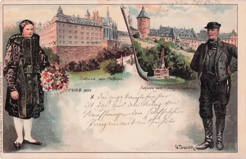 Lithographie Altenburg, Schloss mir Auffahrt, Trachten -802648
