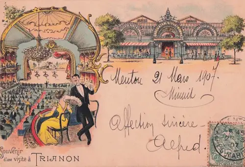 Vintage-Künstlerpostkarte: Stilvolles Paar im Trianon-Theater, Paris, um 1906 -803552