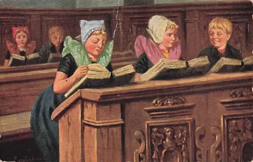 Künstler Ak Gerstenhauer, Schüler in Niederländischer Tracht, Schulbank, Bücher -802754