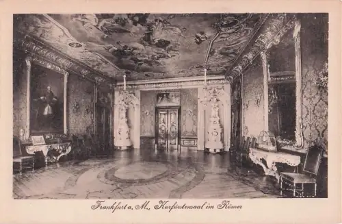 Postkarte Frankfurt am Main, Kurfürstensaal im Römer, historischer Innenraum, dekorierte Decke -803238