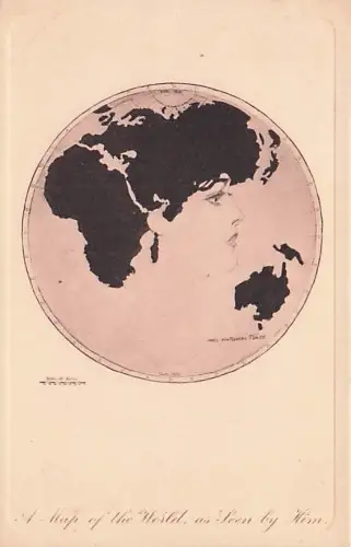 Weltkarte mit Frauenkopf. Postkarte, frühes 20. Jahrhundert.