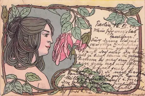 NEUE KUNST - Lithografiekarte um 1900 mit einer jungen Frau