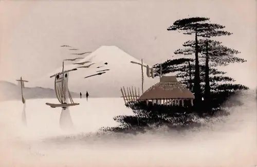 Postkarte, handbemalt, japanische Kunst, Japan, schwarzer Lack, Gold /3 -803318