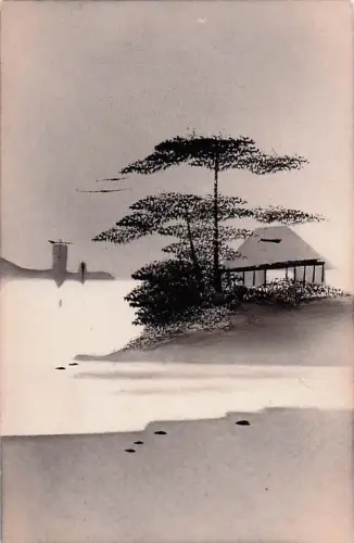 Japanische Kunstpostkarte, Naturansicht, handbemalt mit schwarzer Lacktinte, ungelaufen, Vintage -803372