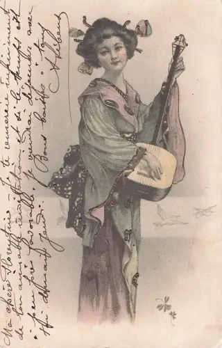 Litho Japanerin in Kimono, Shamisen, Steckfrisur -803314