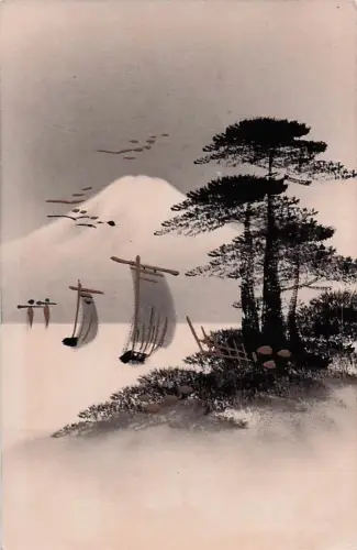 Künstler Ansichtskarte / Postkarte Japan, Mount Fuji, Segelfloß -803374