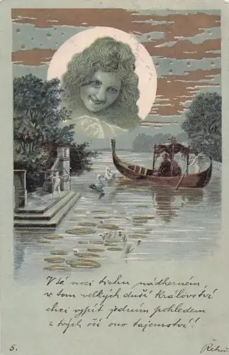 Jugendstil-Postkarte von 1901: Frau in Gold, Mond über grünem venezianischem Mond/Gondo la Scene -805270