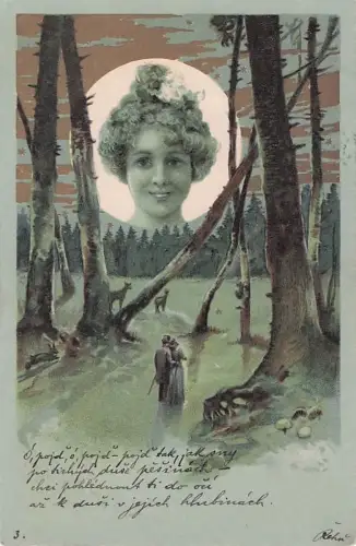 Jugendstil-Postkarte von 1901: Frau in Gold, Mond über einem Paar, das durch den Wald spaziert -805272