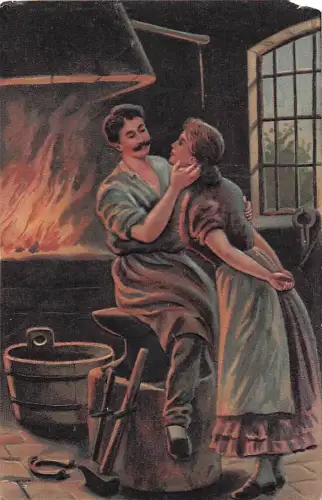 Schmiede & Schöne Frau, Ambossfeuer, ca. 1910, geprägte Postkarte -803522