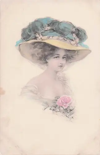 Künstlerin Postkarte: Hübsche Dame mit großem, elegantem Federhut -803514