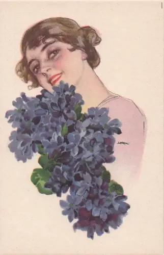 illustrierte Frau mit einem Strauß blauer Blumen zeigt -803504