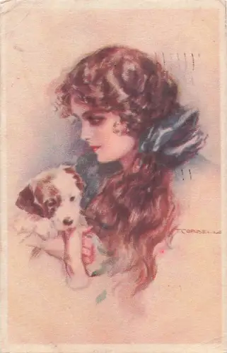 T. Corbella, vom Künstler signiert, Junge Dame mit einem süßen Hundewelpen, Vintage-Postkarte B Balis Postkarten und Briefmarken (8330) -803498