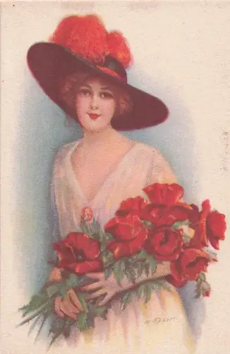 Künstler-AK Harrison Fisher: Junge Dame mit rotem Hut und Mohnblumenstrauss -803524